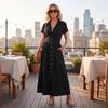 Vestido Largo Estilo Vintage para Mujer con Botones Delanteros, Manga Corta, Cuello, Casual, Maxi Vestido con Diseño Occidental y Detalle de Bolsillo