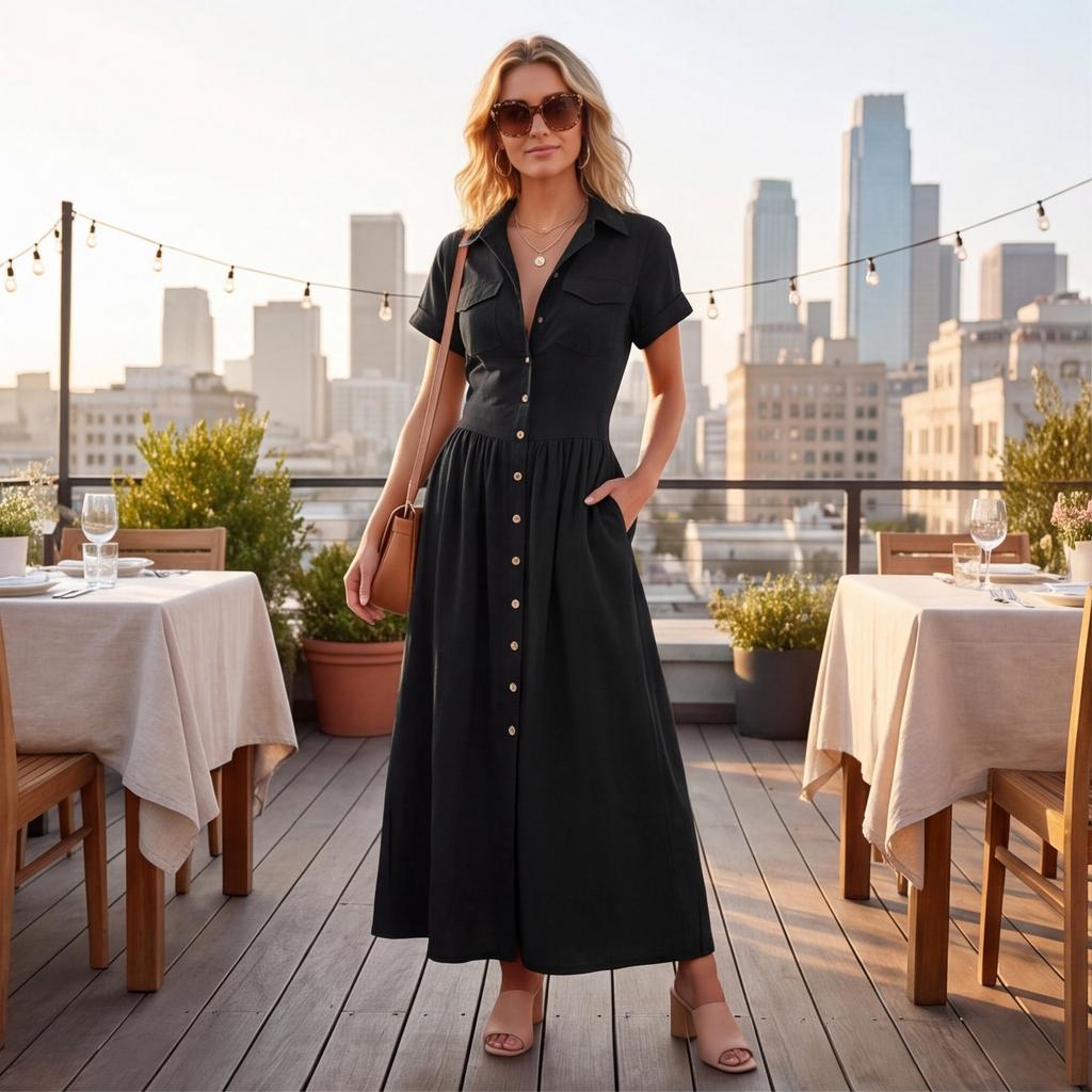 Vestido Largo Estilo Vintage para Mujer con Botones Delanteros, Manga Corta, Cuello, Casual, Maxi Vestido con Diseño Occidental y Detalle de Bolsillo