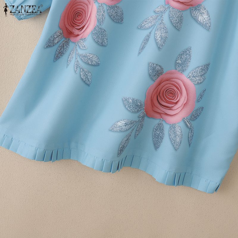 ZANZEA Women Floral Print Casual Round Neck Loose Short Sleeve Blouse