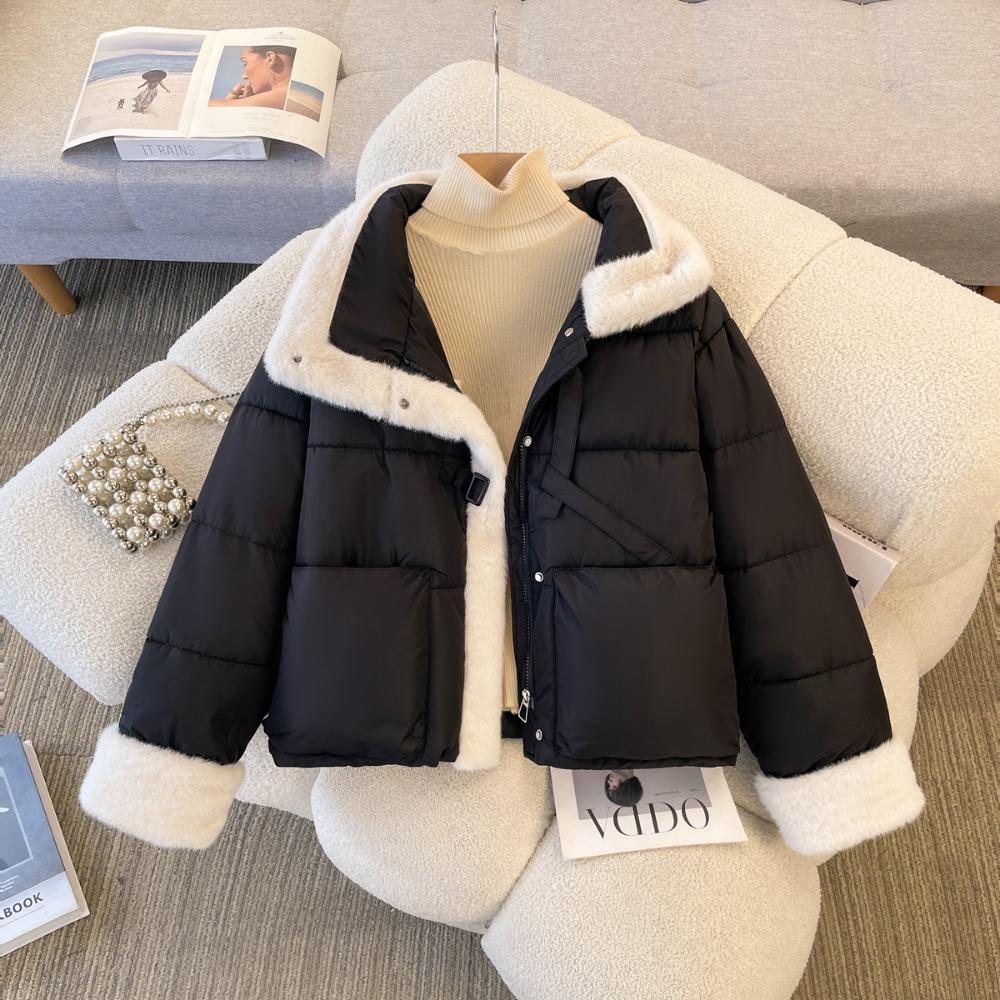 Fur Collar Splicing Loose Korean Cotton-padded Jacket 2025 Winter New Women's Short Down Cotton-padded Jacket