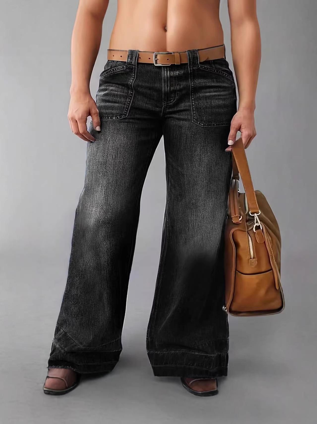 

Spring 2026 Slimming Wide-Leg Plus Size Women s Jeans - European/American Style, Mid-Waist Straight Leg S чёрный