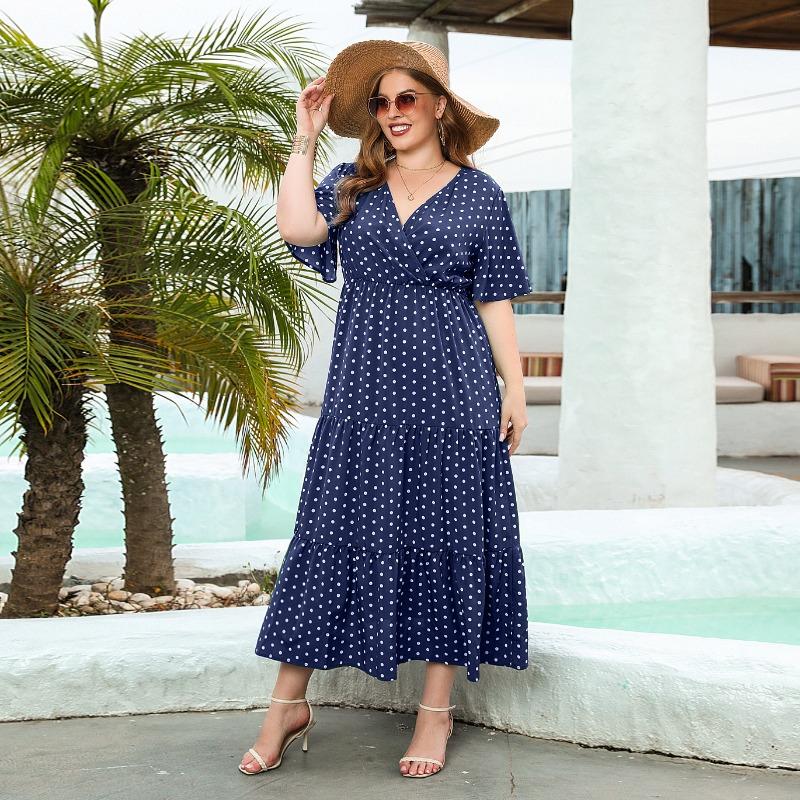 Summer Women Plus Size Polka Dot Dress Casual V-Neck Vacation Dress Elegant Loose Midi Dresses