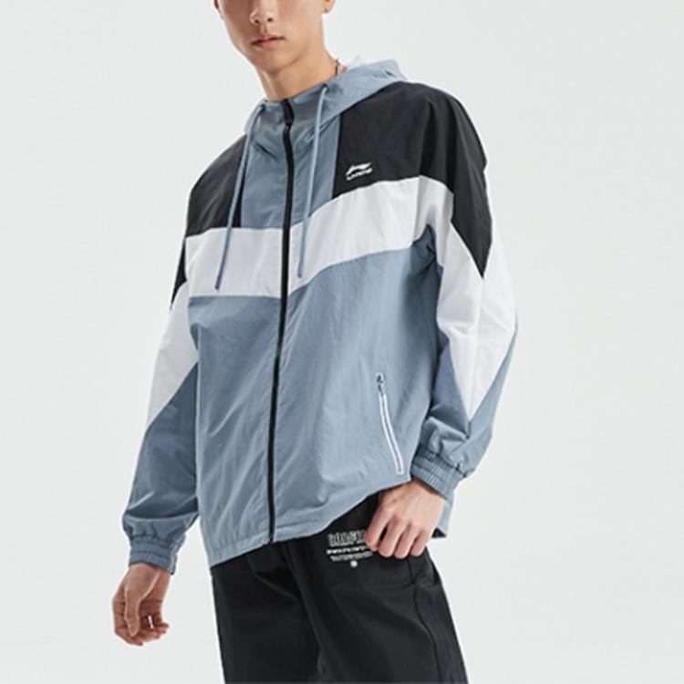 Li Ning Color Block Hooded Drawstring Loose Jacket Men Jacket Fire Gray Blue AFDQ045-4