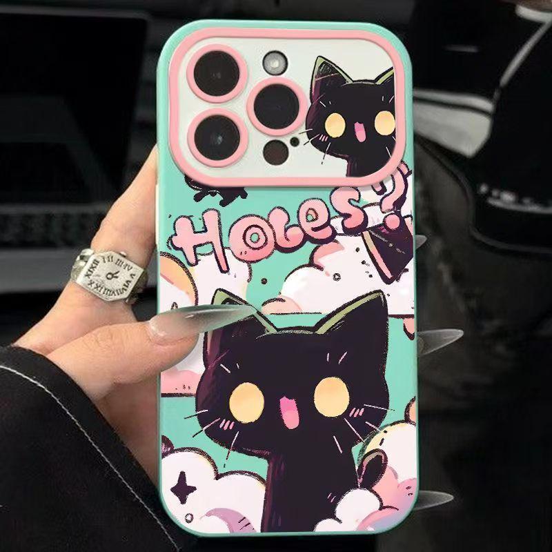Cartoon Black Cat 17 Pro Max Apple Phone Case: Soft, Full Coverage, Large Window Design for Models 15, 16, and 14.