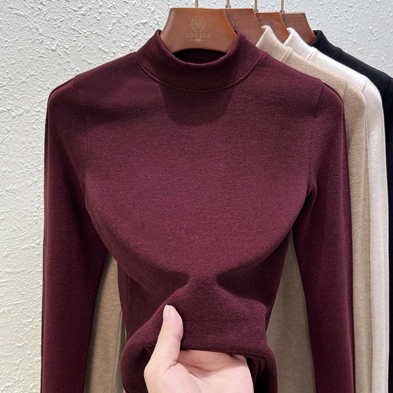 German Velvet Cashmere Semi-turtleneck Bottoming Shirt Women's Black Technology Thermal Clothing Autumn and Winter Thick with Velvet Black Top