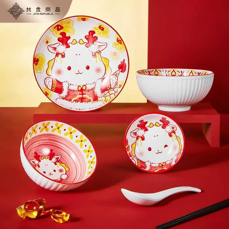 JINGREPUBLIC Cute Cartoon Dragon Girl 6-Piece Ceramic Tableware Set