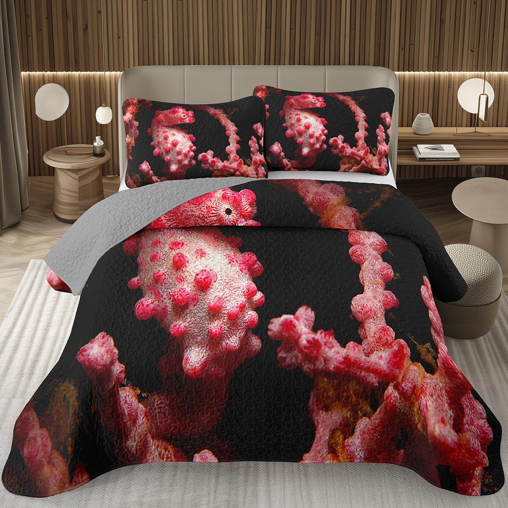 Comforter Seahorse Queen Size 3D Seahorse Printed Bedding Set Ocean Animal Quilted Marine Mediterranean Style Bed
