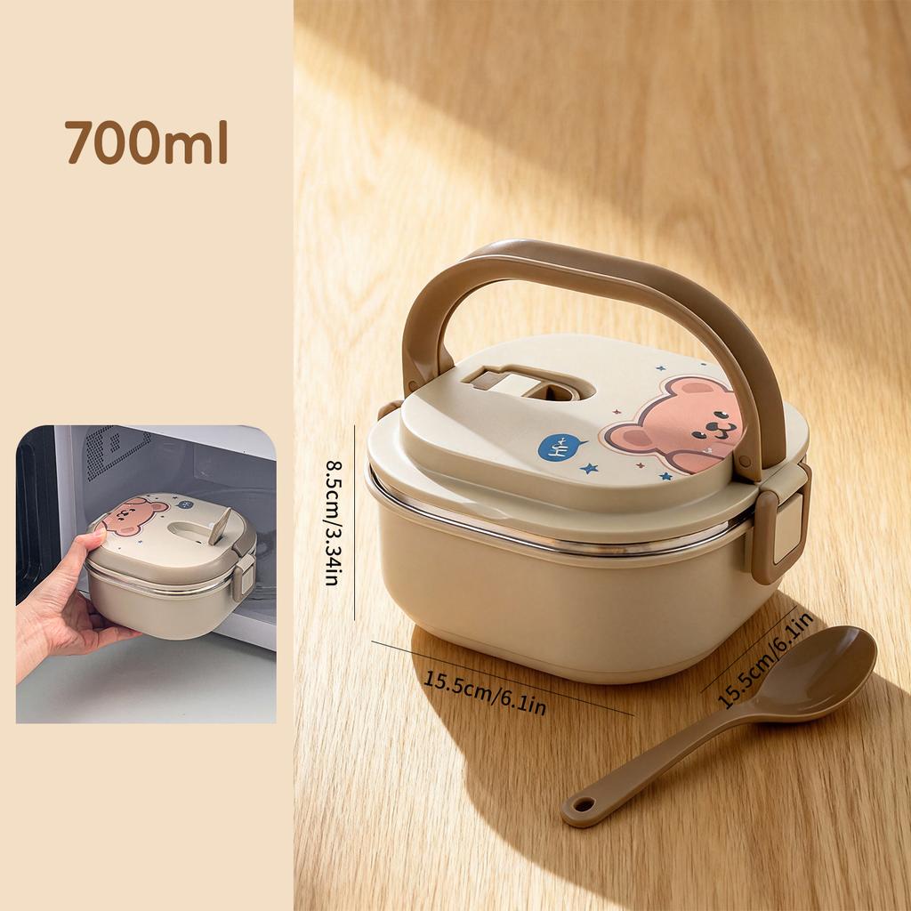 WORHTBUY Cute Square Insulated Food Container With Spoon Portable Large Capacity Stackable 304 Stainless Steel Lunch Box For Kid