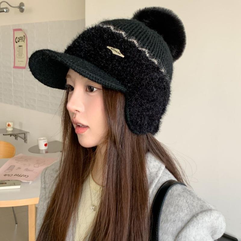 Autumn and Winter Thickened Ear Bag Rabbit Fur Baseball Bag Head Hat Women's Versatile Casual Ear Protection Fleece Knitted Cap