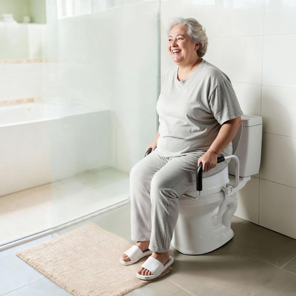 Raised Toilet Seat with Arms, 136.1 kg Load Capacity, 101.6 mm Lift Height, Widened Commode Elevated Toilet Seat Riser with Padded Handles for