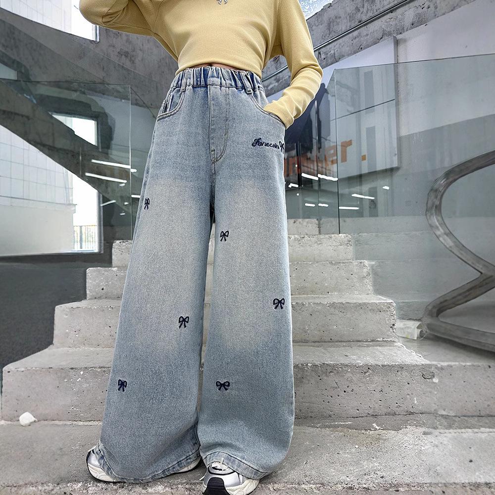 Stretchjeans for tenåringsjente - Elastisk midjebånd Opaque denimbukser - Komfortabelt dobbeltben-design, Essensielt for utendørsaktiviteter