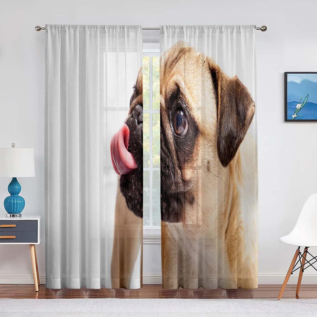 Pug Dog Wearing Glasses Portrait Sheer Voile Curtain Hand Drawn Cartoon Pet Animal Window Tulle Curtains for Living Room Bedroom