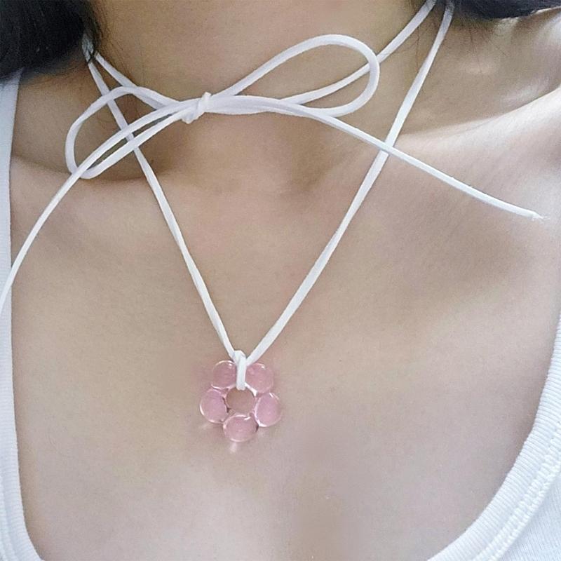 Sweet Glass Flower Pendant Necklace Fashion Statement Choker Neck Chain Simple Cord Collar Necklace Party Jewelry