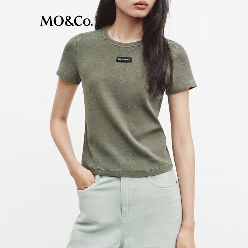 MO&Co. Women's Stretch Cotton Washed Rhinestone Short-Sleeve T-shirt
