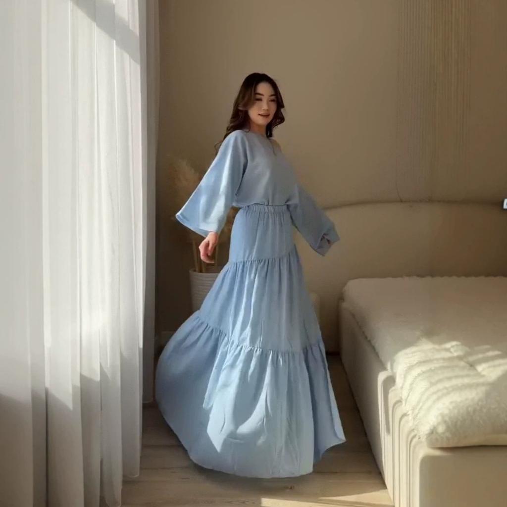 European and women's clothing new holiday style diagonal collar long-sleeved loose top open fork wide swing long skirt set