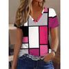 Geometric Grid Full Print V-neck Short Sleeved T-shirt for Casual Summer Women's Wear