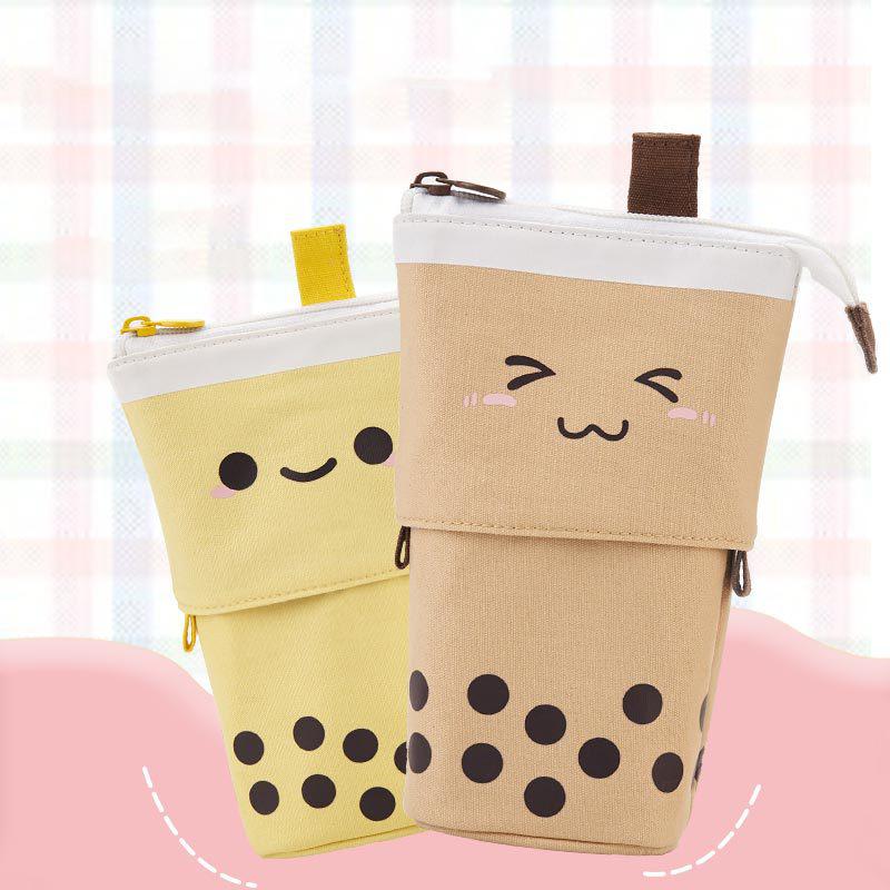 Telescopic Pen Bag Pencil Storage Holder Cute Boba Milk Tea Makeup Brush Stand Portable Stationery Case Home Organization Pouch