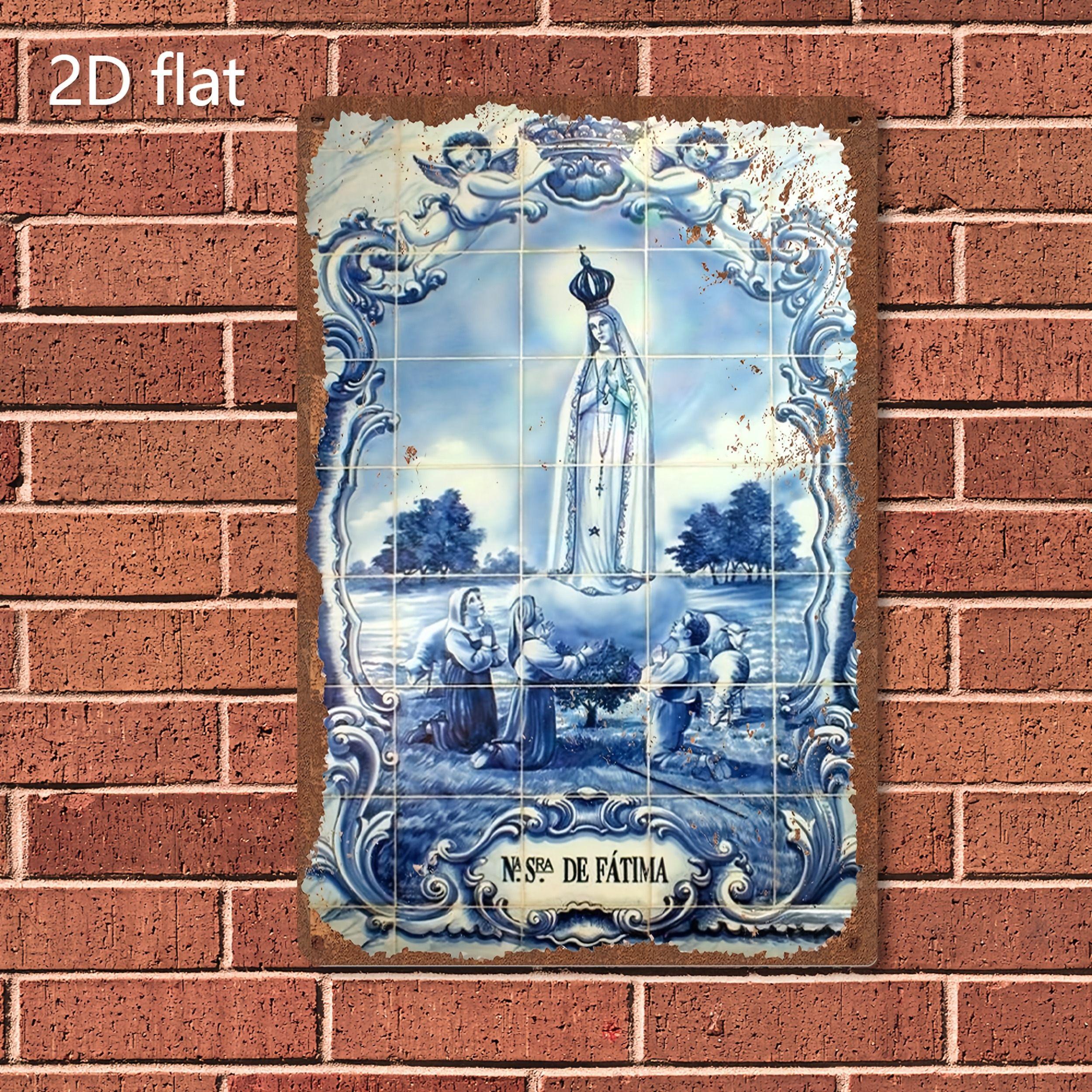 

HD Tin Sign Our Lady of Fatima Vintage Wall Decor Retro Portuguese Azulejo Style Virgin Mary Art Metal Tin Sign for Home Decor 20x30cm（7.8x11.8inch）