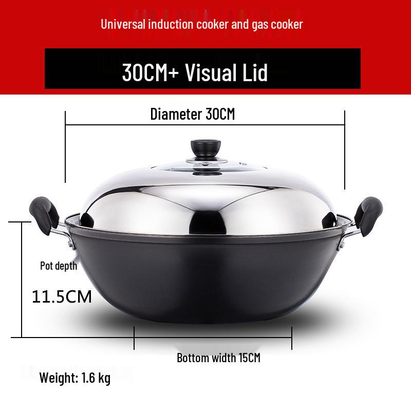 Robuster gusseiserner Wok mit zwei Griffen für Induktionskochfelder - Große Pfanne mit flachem Boden zum Braten.