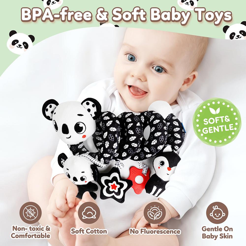 Baby Carseat Toy Black & White Lion Koala Rattle Spiral Hanging Activity Stroller Toy for Newborns Crib Mobile Sensory Toy Gifts