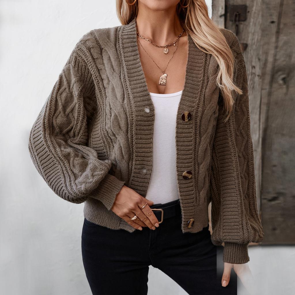 Women's Fashion Casual Solid Color V-Neck Long Sleeve Loose Knitted Cable Button Cardigan Sweater Jacket