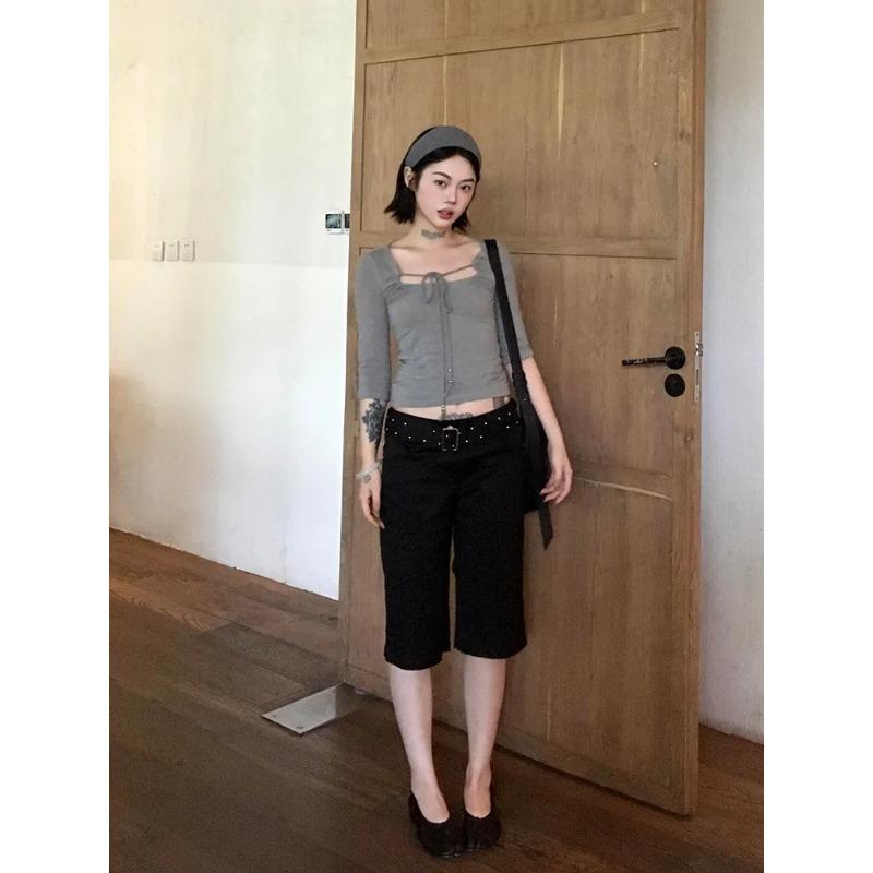 TrendHub Y2k Japanese T-shirt Women Slim Half Sleeve Lace Up Crop Tops Fairycore Japanese Tshirts Korean Style Streetwear