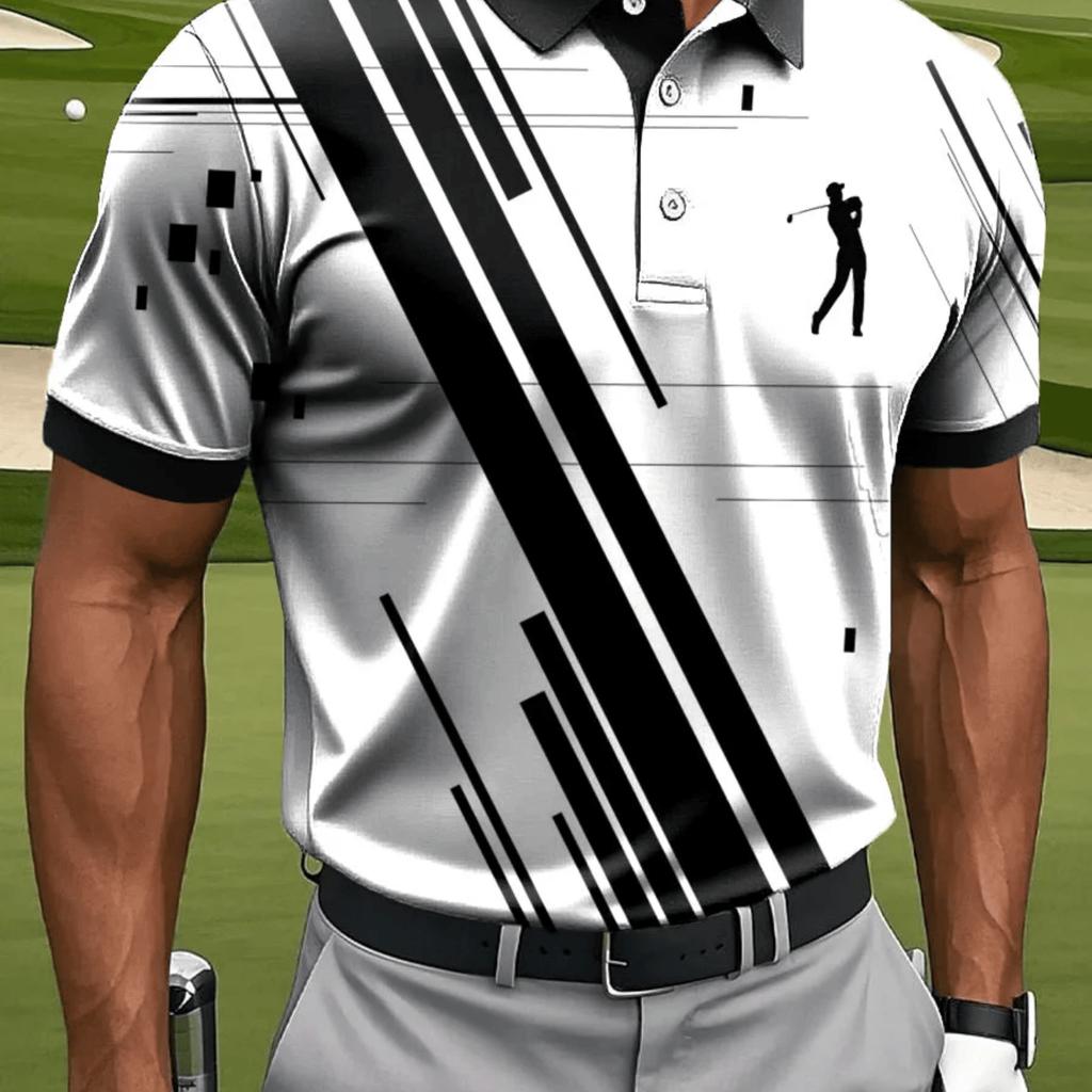 Men's Casual Sports Short-sleeved POLO, Geometric Lines and Golf Pattern Print