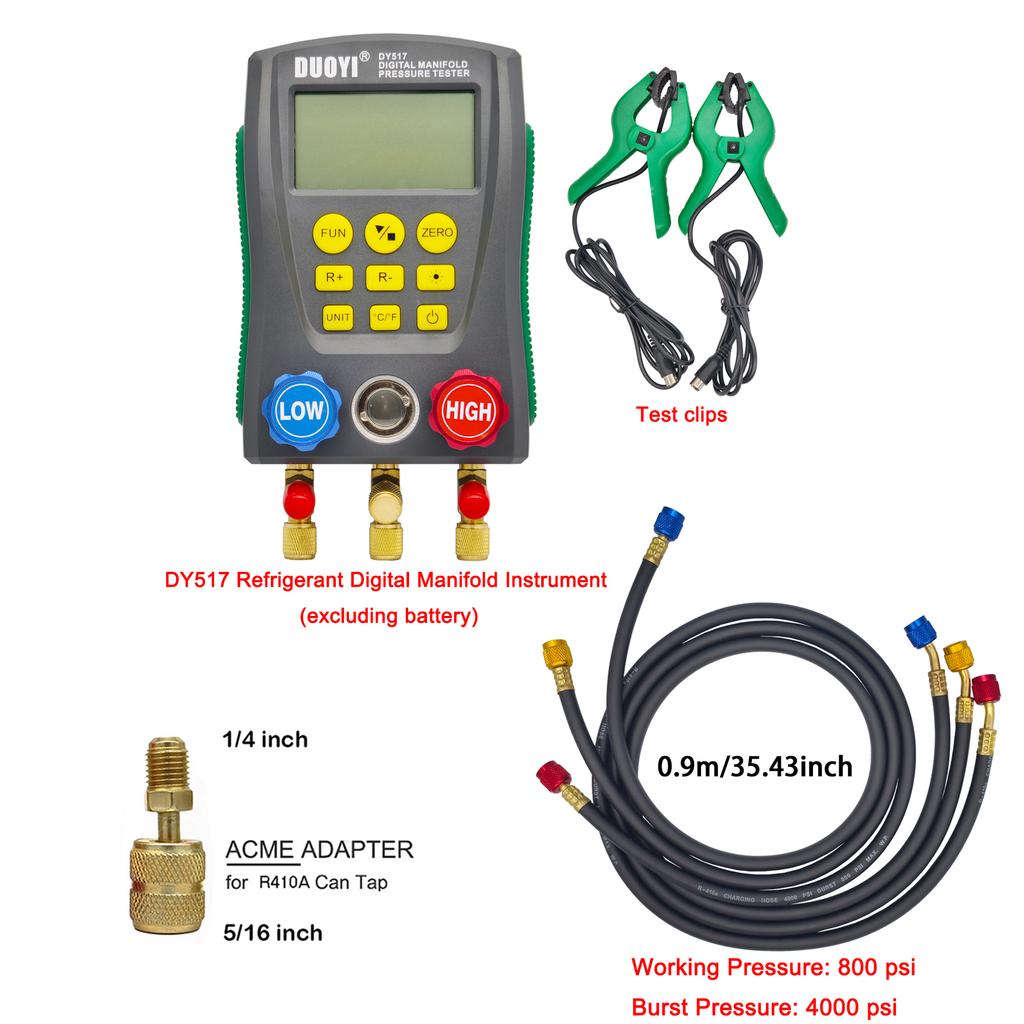 Digital refrigeration pressure gauge, air conditioning temperature detector, multi-function vacuum pressure test tool kit