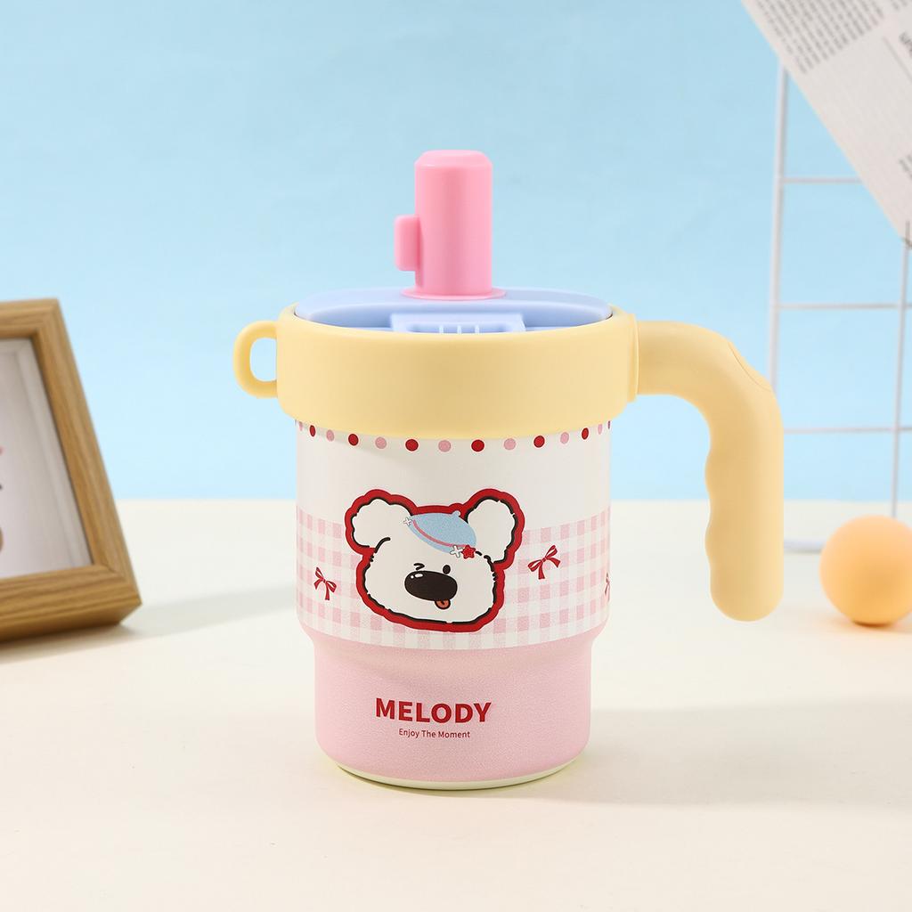New Cartoon Printed Thermos Cup with Handle, Double-layer Stainless Steel Coffee Cup, Student Office Portable Cup
