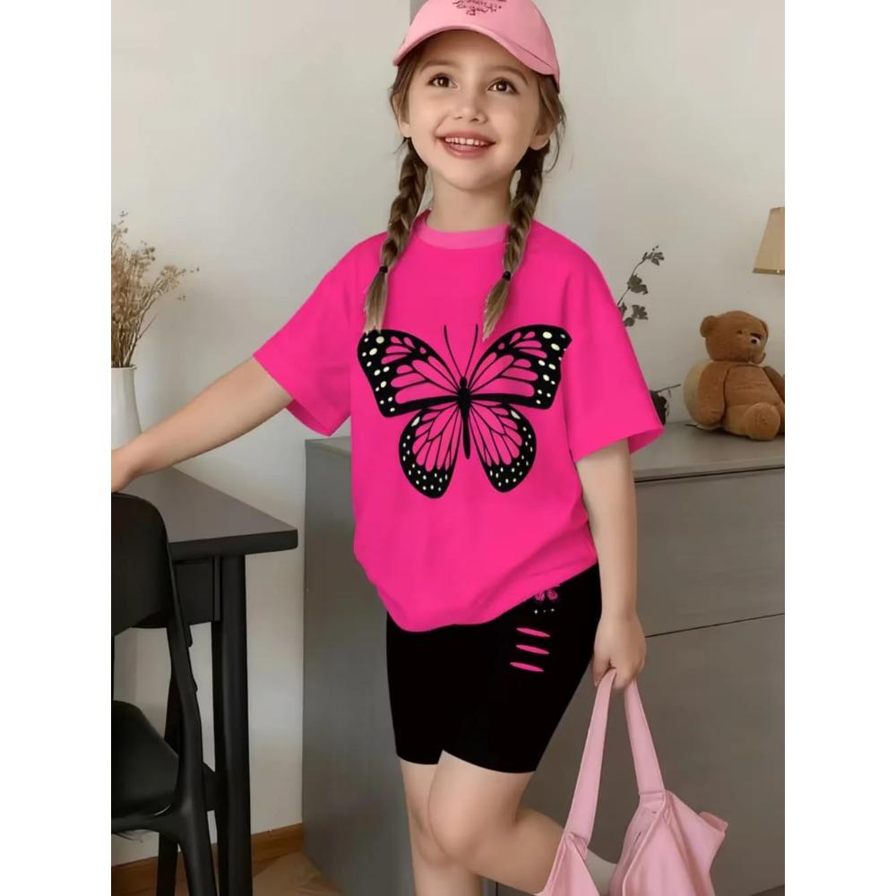 2-teiliges Sommer-Kinder-Komfort-Süßes Schmetterlings-3D-Druck-Kurzarm-Shorts-Set für Jungen und Mädchen Lässiges Haus-Outdoor-Set