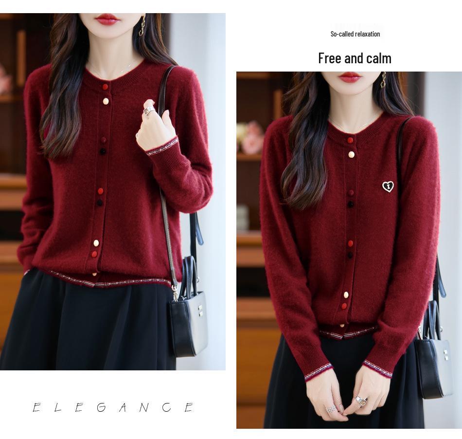 Women's Loose Round Neck Wool Cardigan with Colorful Buttons