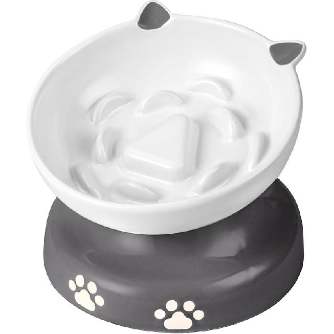 Y YHY Ceramic Cat Slow Feeder, Elevated Dog Food Bowl Tilted Design, Slow Feeder Bowl No Black Chin, Cat Shape for Dry and Wet Food