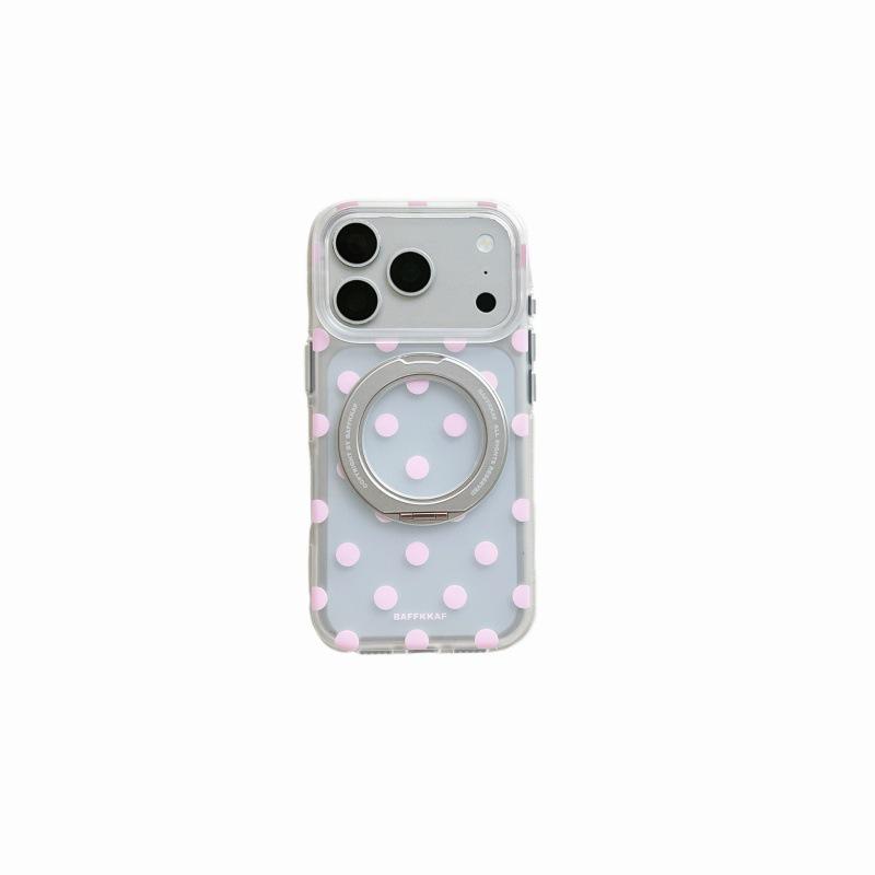 

Simple White & Pink Polka Dot 360° Bracket for Apple 17 Pro Max, 16 Pro Max, 15 Pro - Double Layer Protection Apple 16 Pro Max