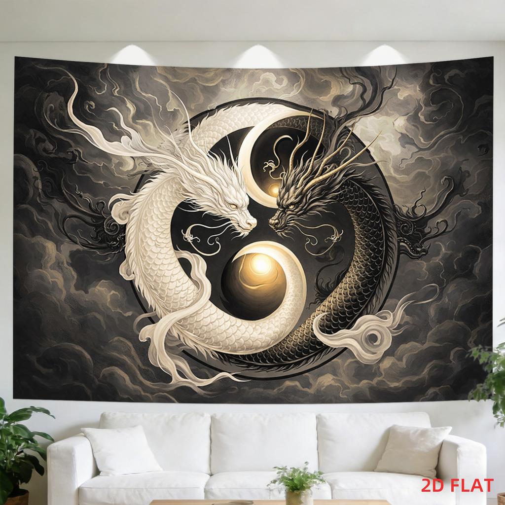 Grande Arazzo Drago Yin Yang da Appendere alla Parete Decorazione Cinese Stampa Artistica Feng Shui Mitologia Lusso Bianco e Nero Soggiorno