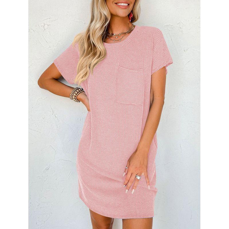 

Short Sleeve Dress2024 Women s Summer Casual Contrast Color Wave Stripes Short Sleeve Pocket Dress Pink M
