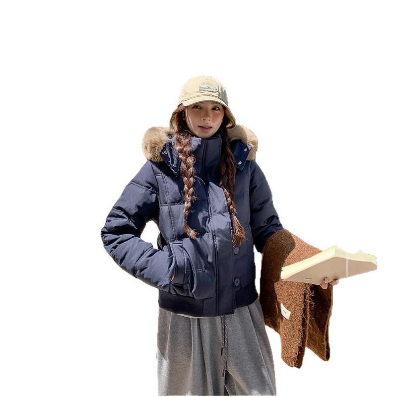 Winter Big Fur Collar Hooded Short Down Cotton Cotton Jacket for Women, Thin and Warm Small Cotton-padded Jacket