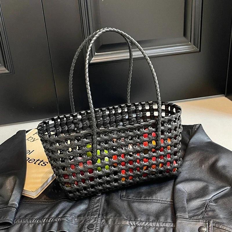 2025 Sommer Hohl-Strandtasche Für Damen Modekorb Wiederverwendbare Einkaufstaschen Designer Gewebte Handtasche Urlaubstasche Schwarz Bolso