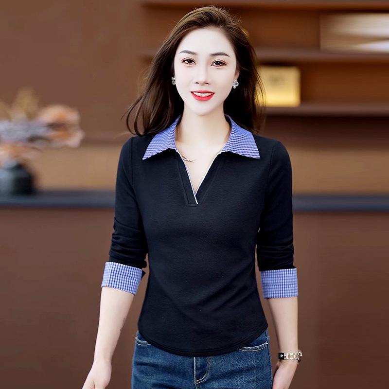 Women's Versatile Two-Piece Look Stitching Polo - Slimming Long Sleeve Top for Spring 2025.