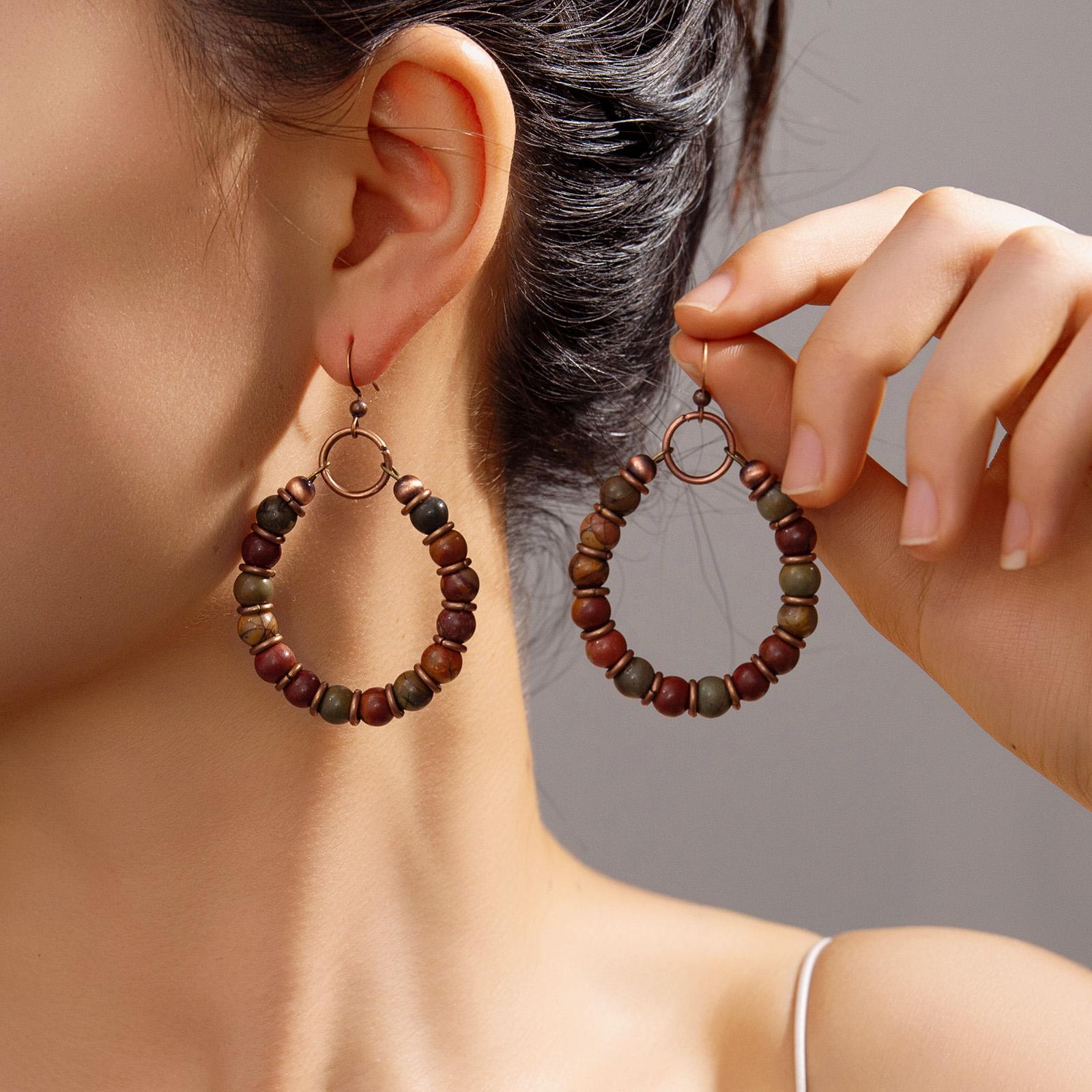 Bohemian style circular colored natural stone bead pendant, environmentally friendly women s earrings