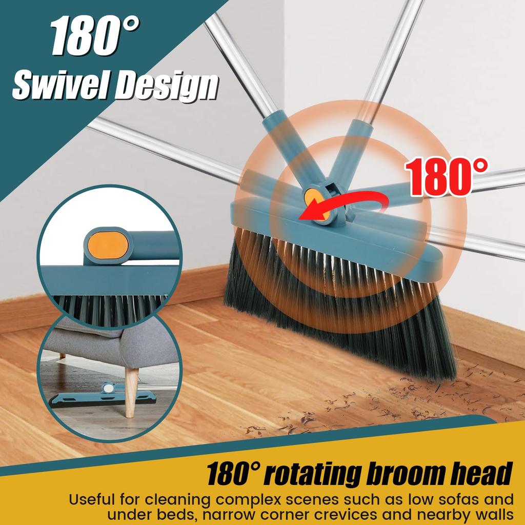Household Standing Long Handle 180 ° Rotating Broom Dustpan Set Including Rotating Floor Wiper Blue