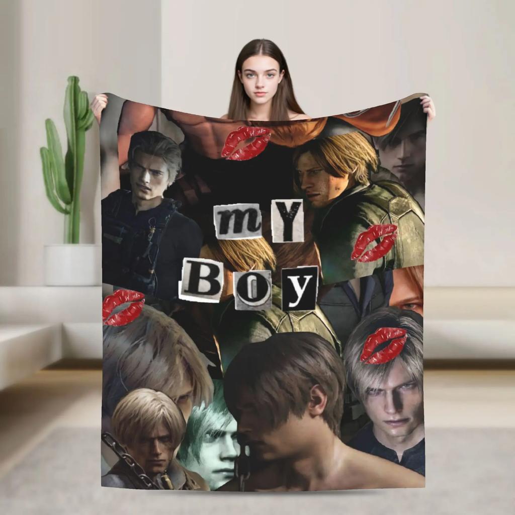 Warm Soft Flannel Throw Blanket for Kids Boys Girls Airplane Travel Leon Kennedy Resident Evil Design Funny Sofa Bed Cover Beds