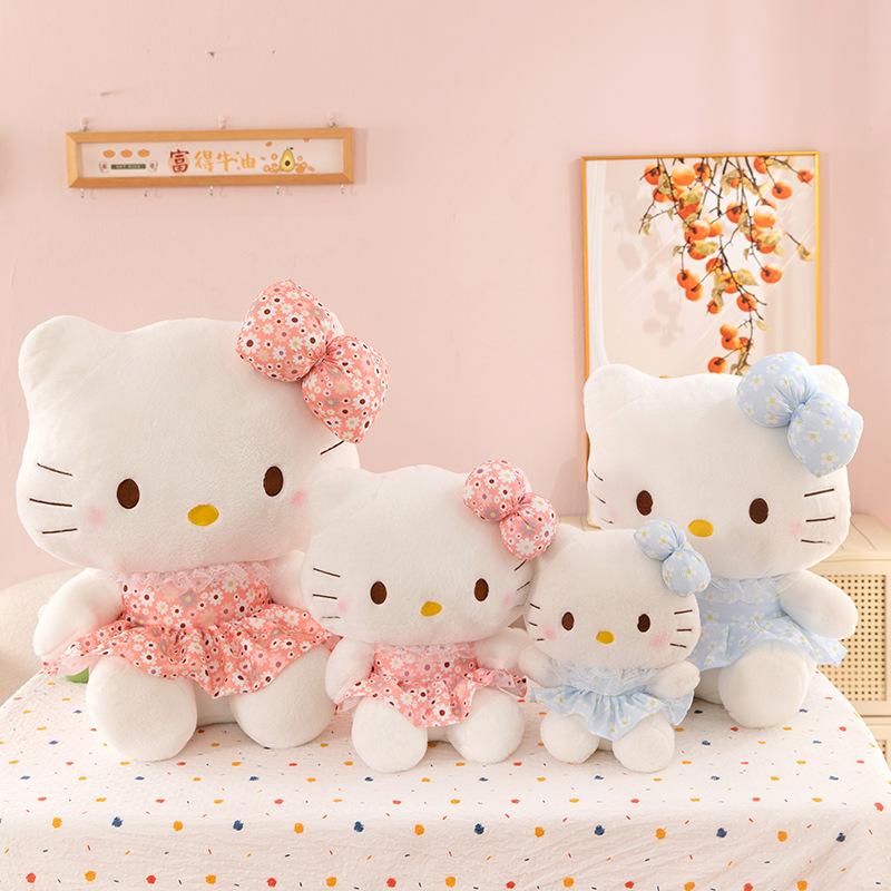 60cm Sanrio Kawaii Hello Kitty Plush Toy Stuffed Doll with Strawberry Plaid Skirt Cute KT Cat Baby Girl Kids Birthday Gifts