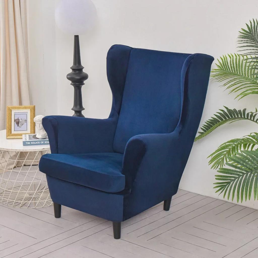2pcs/set Velvet Wingback Chairs Covers Removable Wing Armchair Cover with Seat Cushion Cover Elastic Sofa Slipcovers Living Room