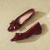 Square Head Bow Light Mouth Low Heel Single Shoes Women's 2025 Spring and Autumn New Burgundy Patent Leather Not Tired Feet Thick Heel Women's Shoes