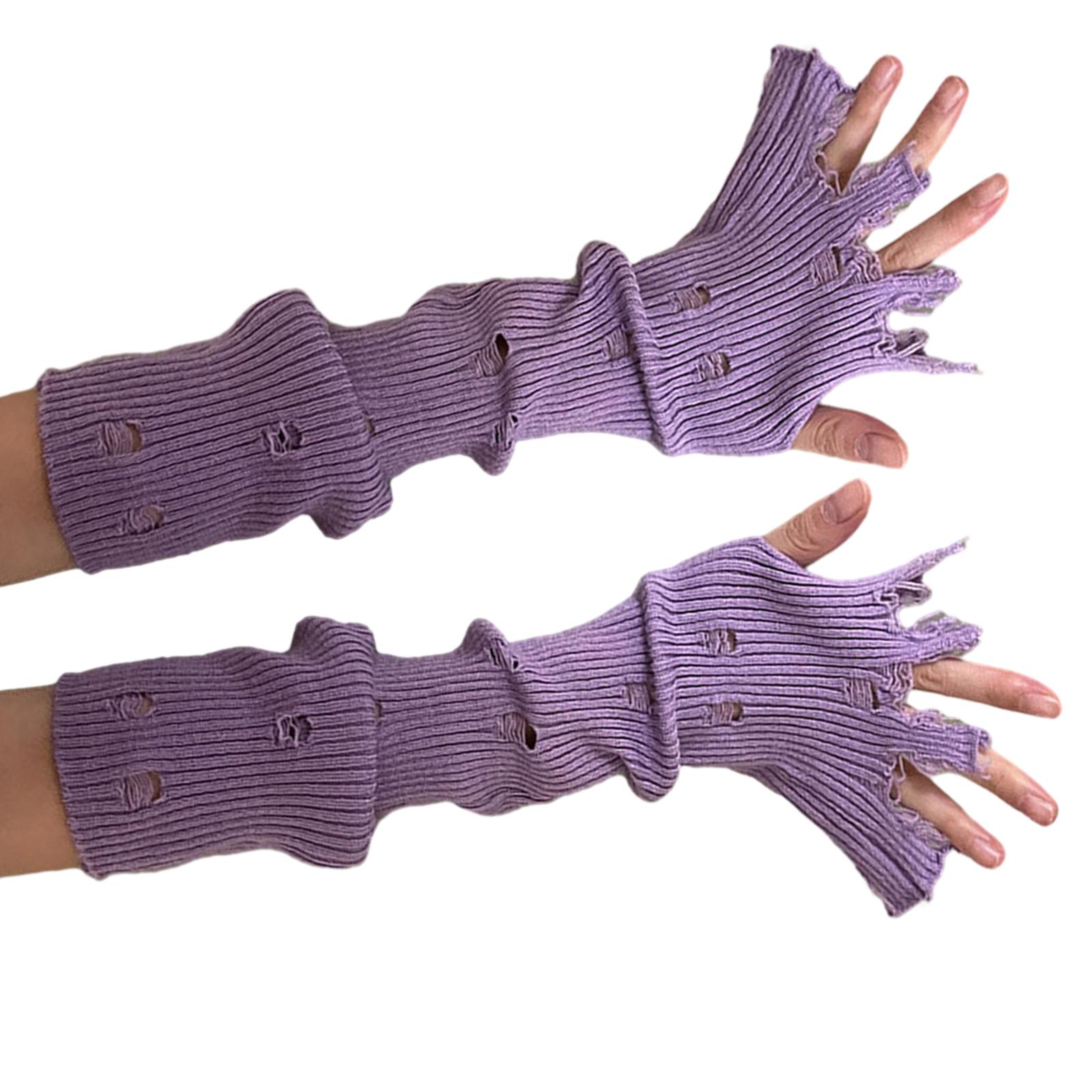 

Женские вязаные ажурные перчатки Дистресс-перчатки без пальцев Длинные перчатки Модные аксессуары для девушек Теплые перчатки Y2K Рукава фиолетовый