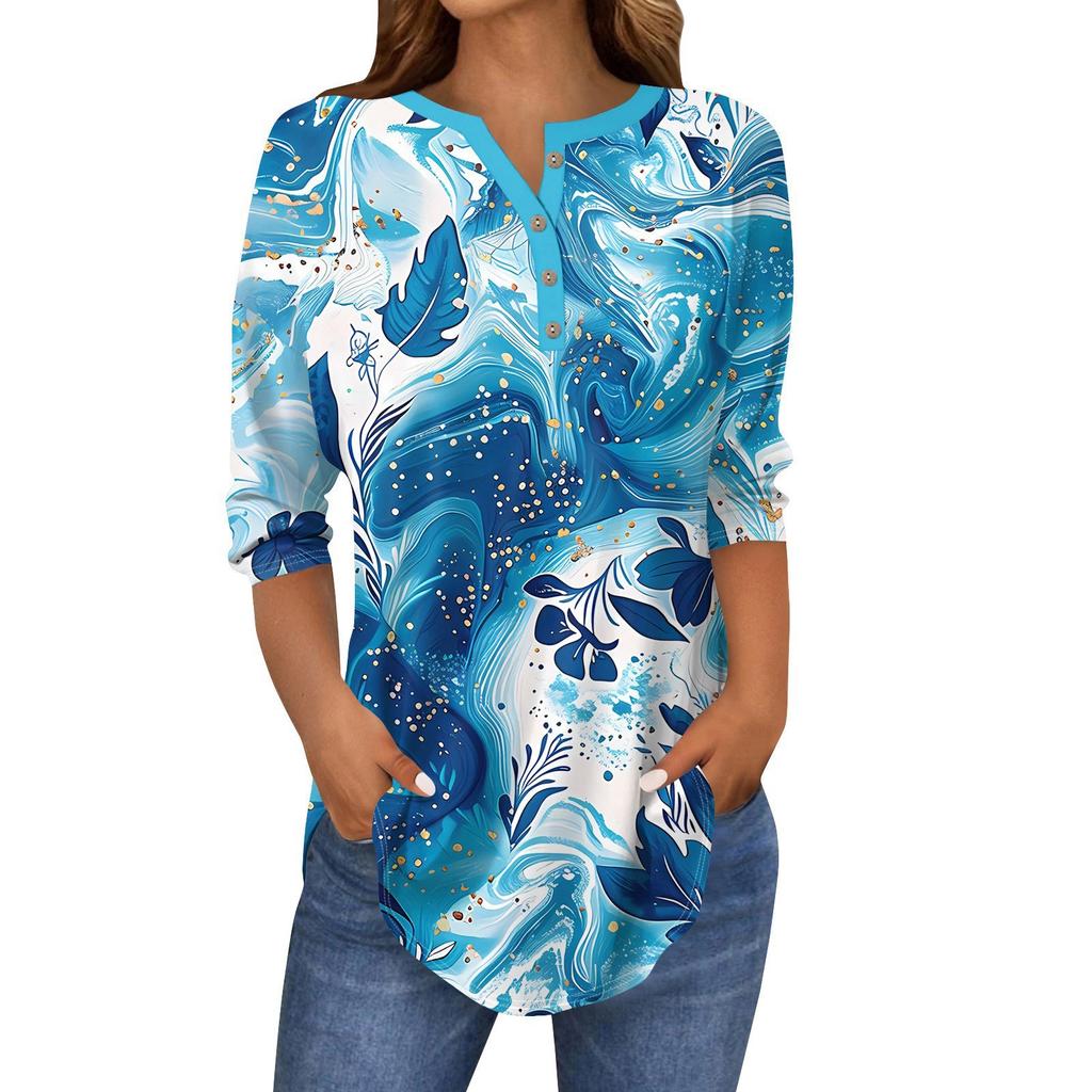3/4 Sleeve Shirts For Women's Fashion Casual Round Neck Printed T-Shirt Top