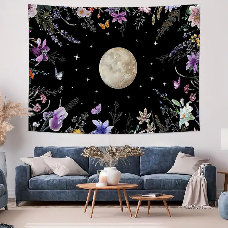 Moonlit Night Butterfly Tapestry with Starry Sky and Flowers  Wall Decor for Bedroom Living Room Background