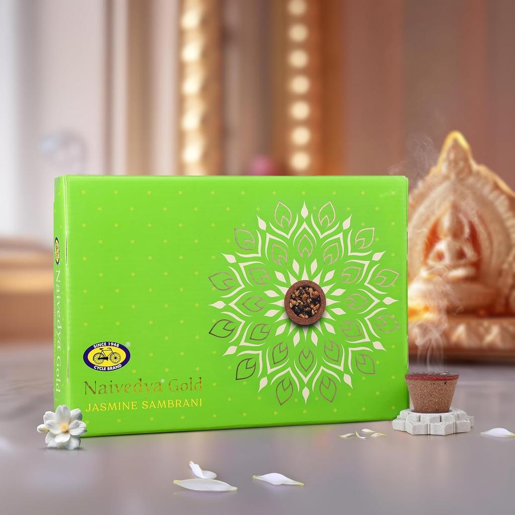 Cycle Pure Naivedya Gold Jasmine Sambrani Dhoop Cups Pack of 2 18 Pcs Charcoal-Free Havan Rituals