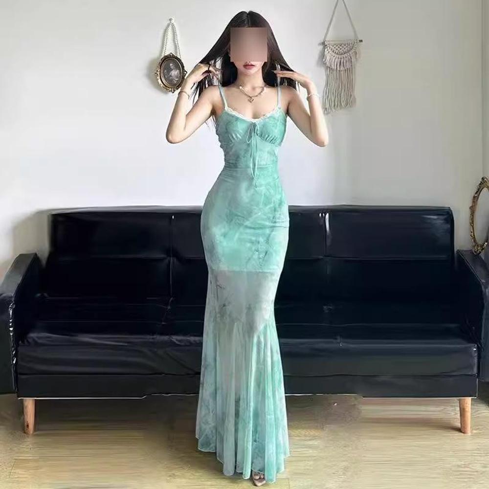 Female Summer Girl Wind Vacation Style Print Suspender Dress Hip Skirt Waist Fishtail Skirt Long Skirt