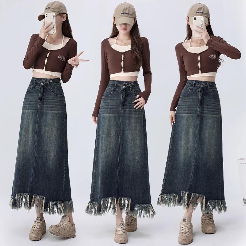 

2025 Spring Plus Size Women s Denim Elastic Waist Over-the-Knee Tassel Skirt L